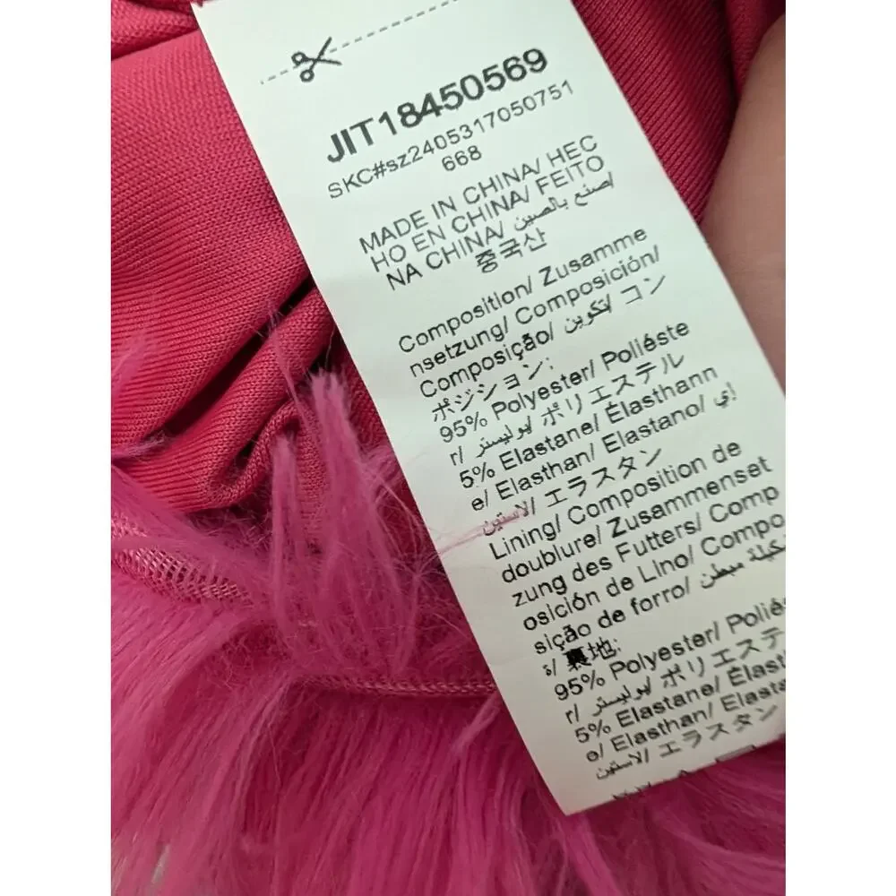 One Shoulder Metallic Feather Hem Cocktail Party Mini Dress Fuchsia Pink Size XS